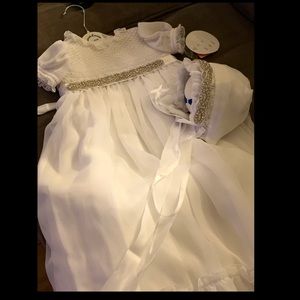 baptism gown in white smocked diamond 6Mo